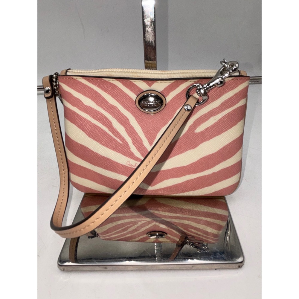 Coach Zebra Print Wristlet Pink Cream Crossgrain Leather Silver Hardware